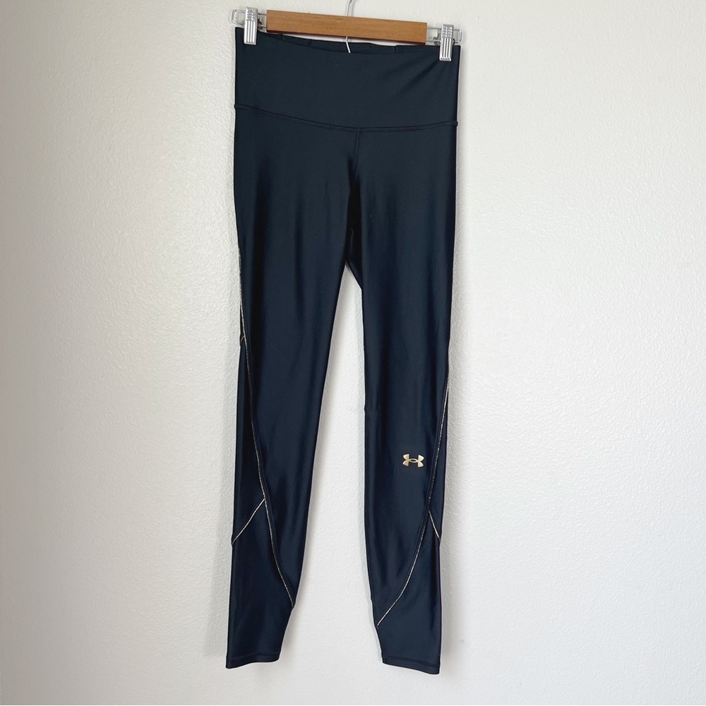 Under Armour Heatgear Compression Gold Trim High Waist Leggings Size Small